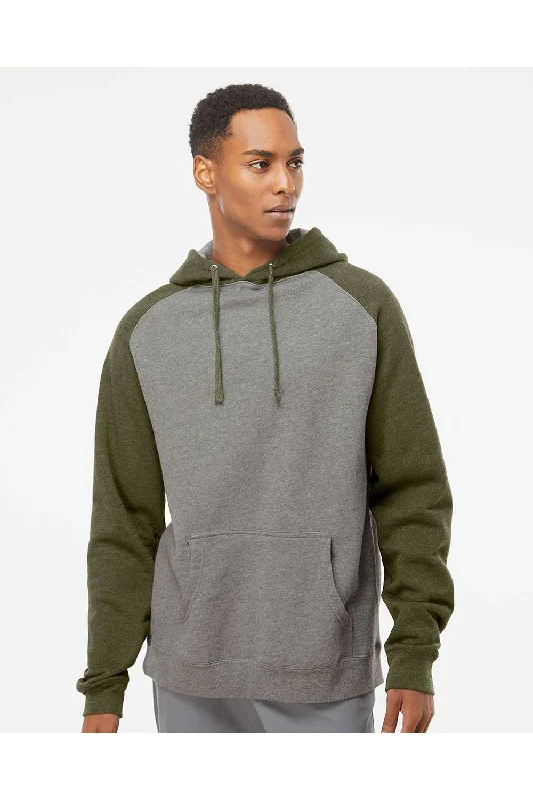 Independent Trading Co. Mens Raglan Hooded Sweatshirt Hoodie w/ Pouch Pockets - Heather Gunmetal Grey/Heather Army Green