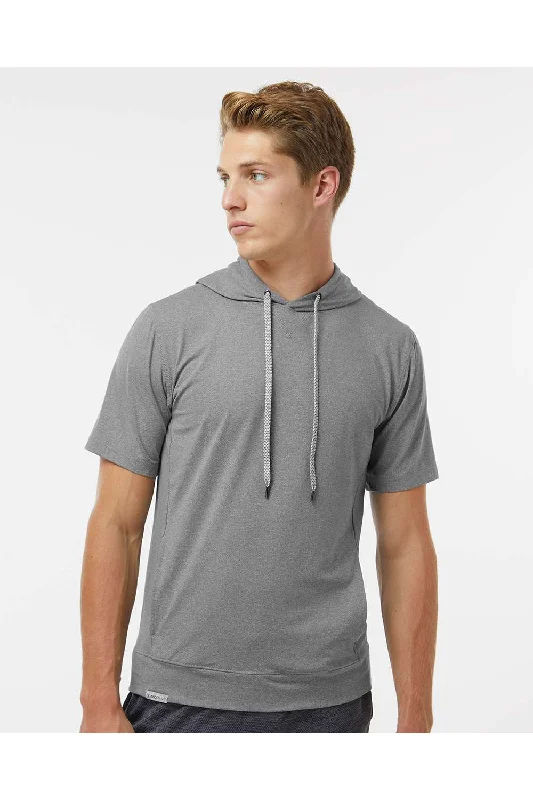 Holloway Mens Eco Revive Ventura Moisture Wicking Short Sleeve Hooded Sweatshirt Hoodie w/ Pockets - Heather Grey