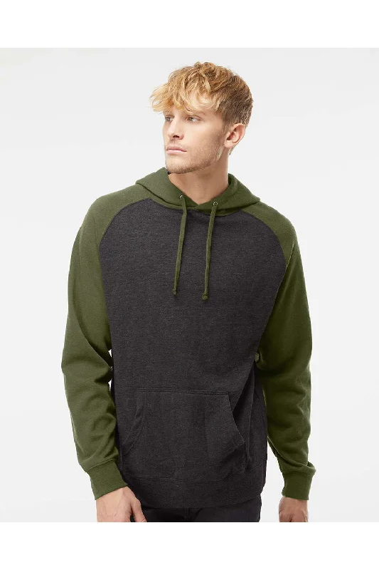 Independent Trading Co. Mens Raglan Hooded Sweatshirt Hoodie w/ Pouch Pockets - Heather Charcoal Grey/Heather Army Green