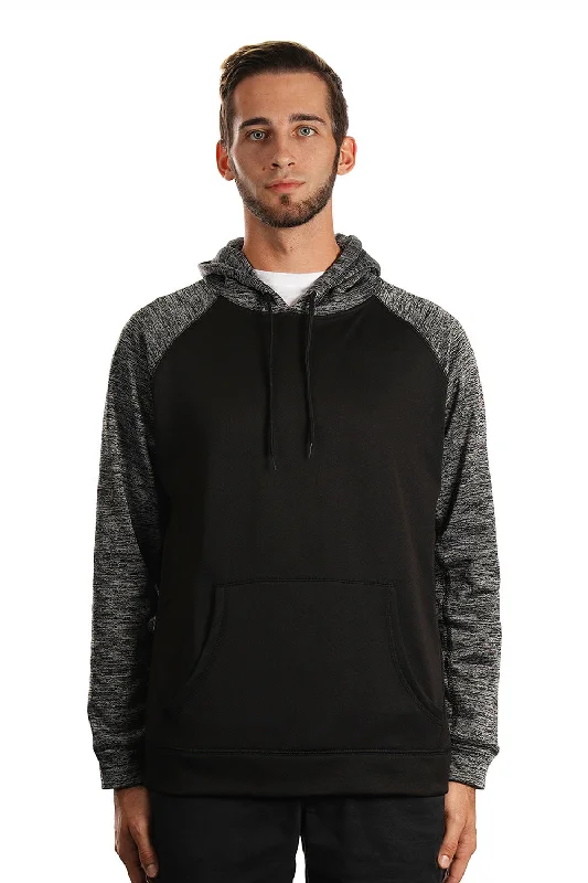 Burnside Mens Performance Raglan Hooded Sweatshirt Hoodie w/ Pouch Pocket - Black/Heather Charcoal Grey