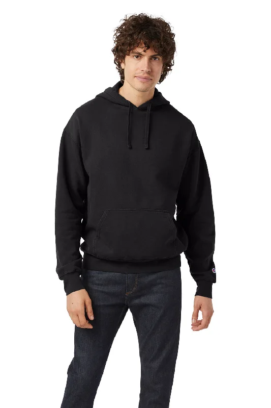 Champion Mens Garment Dyed Shrink Resistant Hooded Sweatshirt Hoodie w/ Pouch Pocket - Black - Closeout