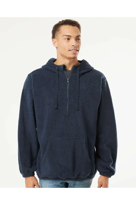 Burnside Mens Polar Fleece 1/4 Zip Hooded Sweatshirt Hoodie w/ Pouch Pocket - Navy Blue - Closeout