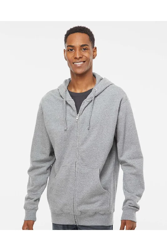 Independent Trading Co. Mens Full Zip Hooded Sweatshirt Hoodie w/ Pockets - Heather Grey