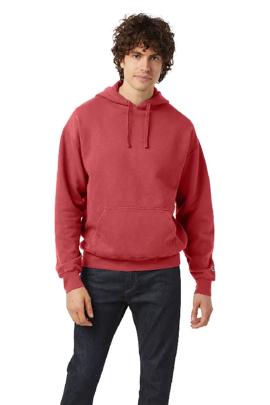 Champion Mens Garment Dyed Shrink Resistant Hooded Sweatshirt Hoodie w/ Pouch Pocket - Crimson Red - Closeout