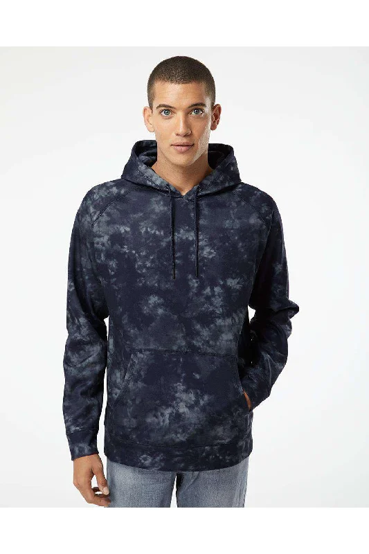 Burnside Mens Performance Raglan Hooded Sweatshirt Hoodie w/ Pouch Pocket - Navy Blue Tie Dye - Closeout