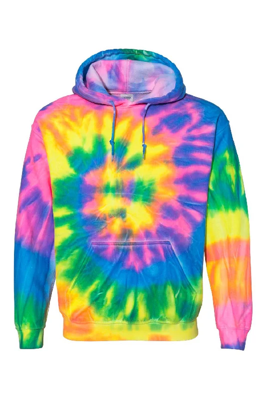 Dyenomite Mens Blended Tie Dyed Hooded Sweatshirt Hoodie w/ Pouch Pocket - Flo Rainbow