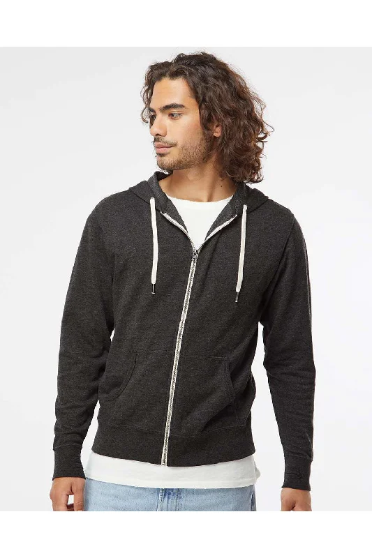 Independent Trading Co. Mens Icon Loopback Terry Full Zip Hooded Sweatshirt Hoodie w/ Pockets - Heather Charcoal Grey