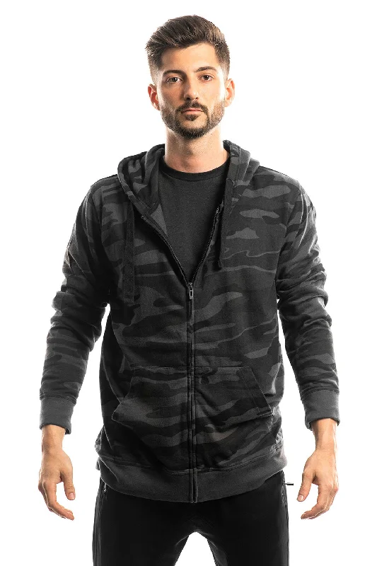 Burnside Mens Full Zip Hooded Sweatshirt Hoodie w/ Pockets - Black Camo - Closeout