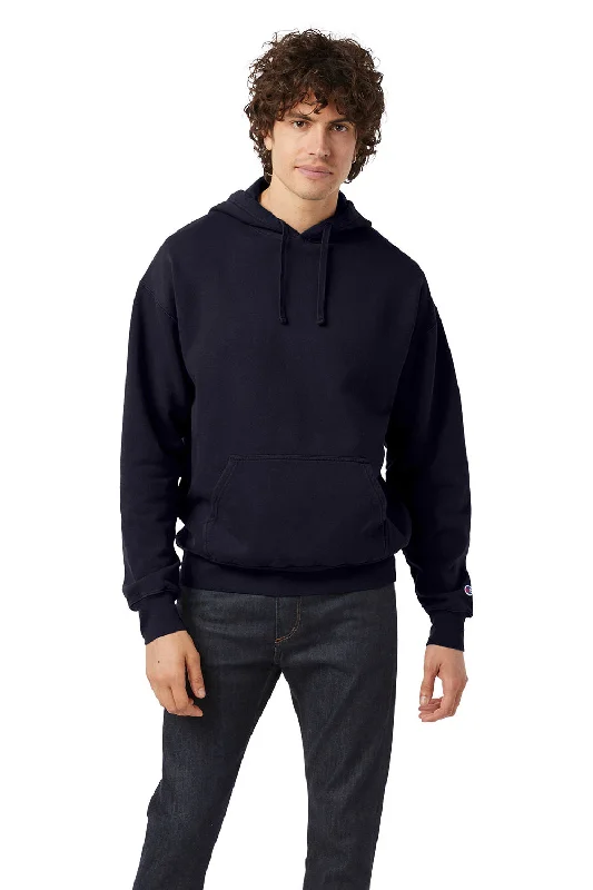 Champion Mens Garment Dyed Shrink Resistant Hooded Sweatshirt Hoodie w/ Pouch Pocket - Navy Blue - Closeout