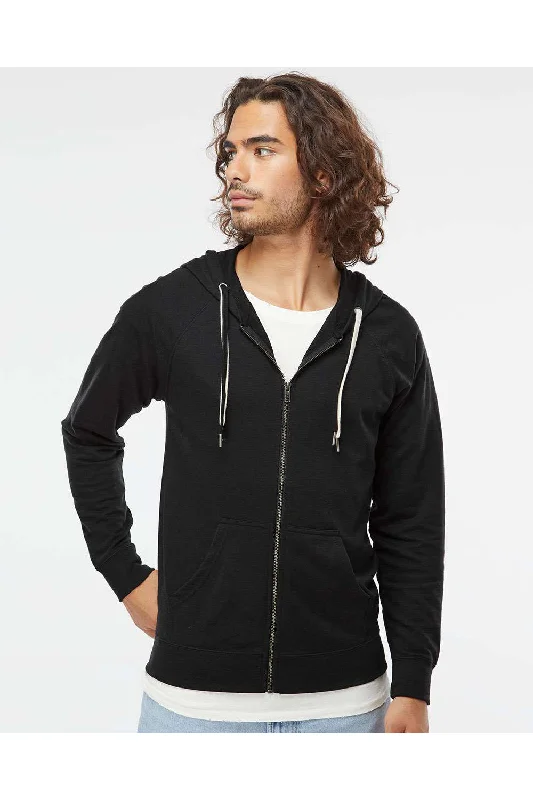 Independent Trading Co. Mens Icon Loopback Terry Full Zip Hooded Sweatshirt Hoodie w/ Pockets - Black