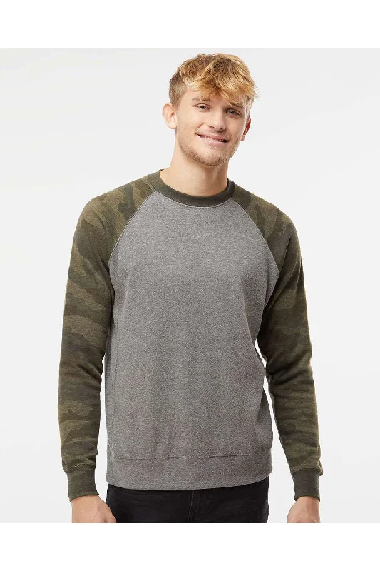 Independent Trading Co. Mens Special Blend Crewneck Raglan Sweatshirt - Heather Nickel Grey/Forest Green Camo - Closeout