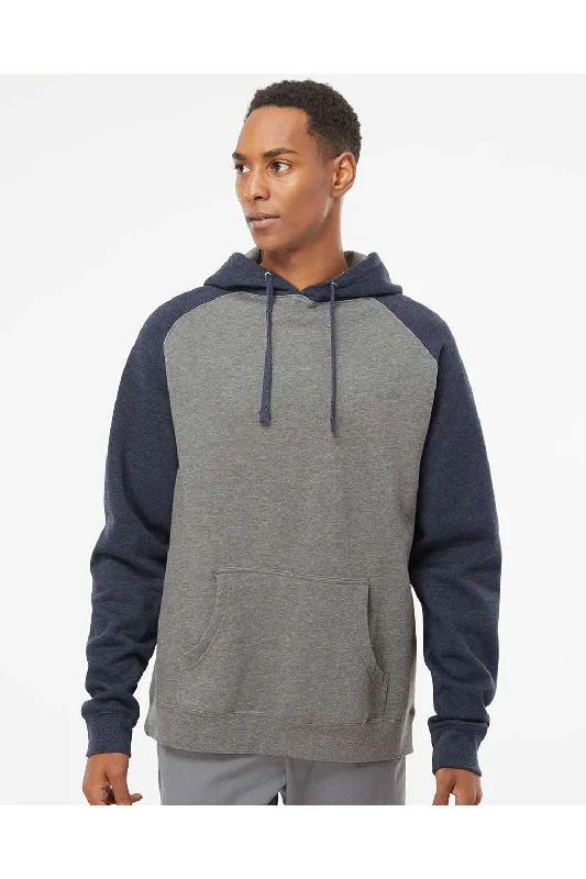 Independent Trading Co. Mens Raglan Hooded Sweatshirt Hoodie w/ Pouch Pockets - Heather Gunmetal Grey/Heather Classic Navy Blue