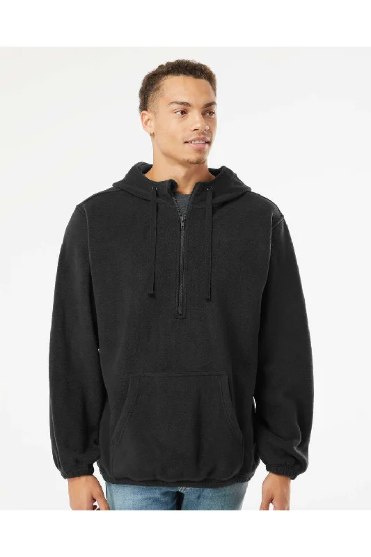 Burnside Mens Polar Fleece 1/4 Zip Hooded Sweatshirt Hoodie w/ Pouch Pocket - Black - Closeout