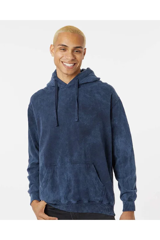 Dyenomite Mens Premium Fleece Mineral Wash Hooded Sweatshirt Hoodie w/ Pouch Pocket - Midnight Blue