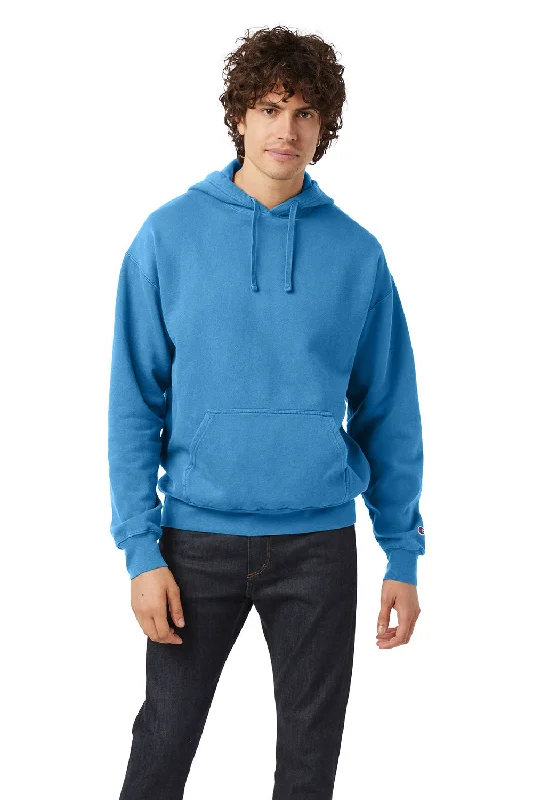 Champion Mens Garment Dyed Shrink Resistant Hooded Sweatshirt Hoodie w/ Pouch Pocket - Delicate Blue - Closeout