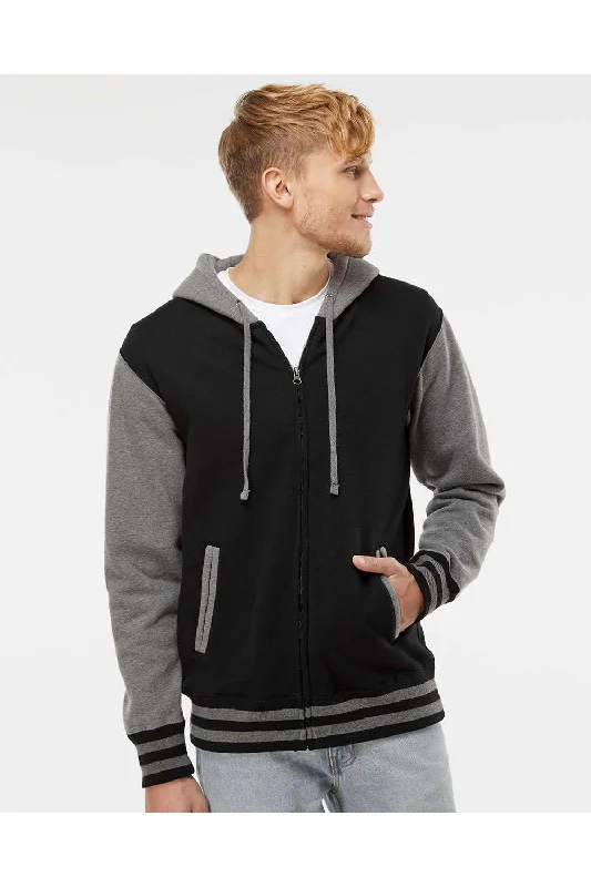 Independent Trading Co. Mens Varsity Full Zip Hooded Sweatshirt Hoodie w/ Pockets - Black/Heather Gunmetal Grey