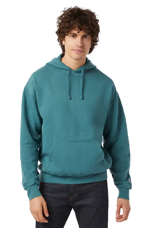 Champion Mens Garment Dyed Shrink Resistant Hooded Sweatshirt Hoodie w/ Pouch Pocket - Cactus Green - Closeout