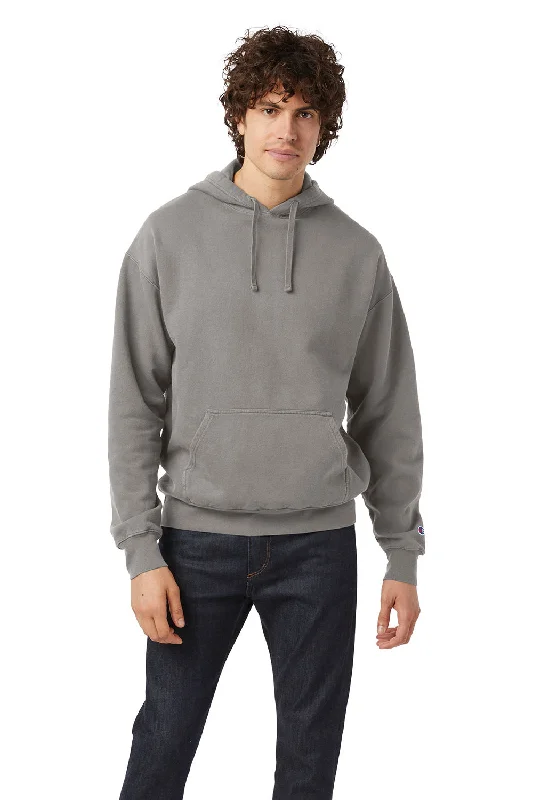 Champion Mens Garment Dyed Shrink Resistant Hooded Sweatshirt Hoodie w/ Pouch Pocket - Concrete Grey - Closeout