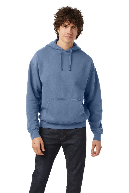 Champion Mens Garment Dyed Shrink Resistant Hooded Sweatshirt Hoodie w/ Pouch Pocket - Saltwater Blue - Closeout