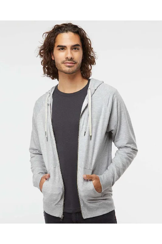 Independent Trading Co. Mens Icon Loopback Terry Full Zip Hooded Sweatshirt Hoodie w/ Pockets - Heather Grey