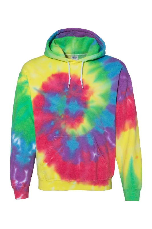 Dyenomite Mens Blended Tie Dyed Hooded Sweatshirt Hoodie w/ Pouch Pocket - Classic Rainbow - Closeout