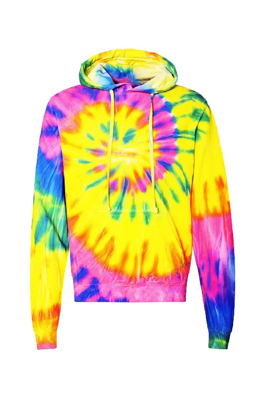 Dyenomite Mens Spiral Tie Dyed Hooded Sweatshirt Hoodie w/ Pouch Pocket - Flo Rainbow Spiral - Closeout