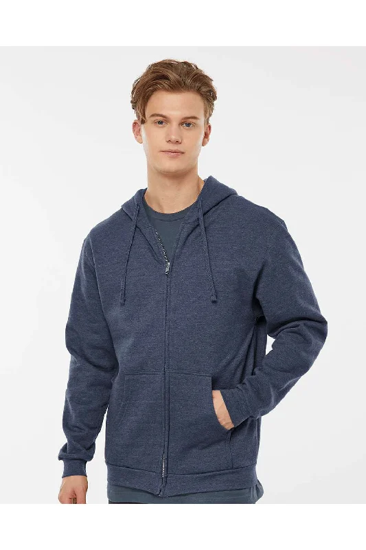 Tultex Mens Full Zip Hooded Sweatshirt Hoodie w/ Pockets - Heather Denim Blue