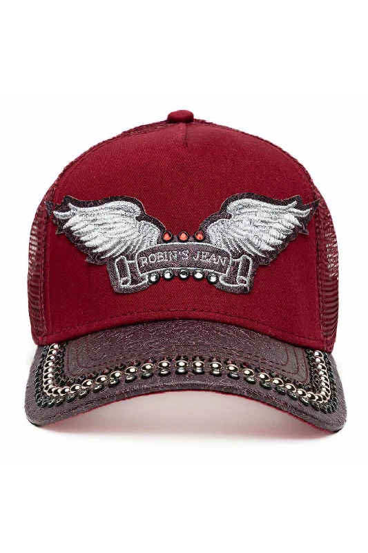 BURGUNDY/WINE OSTRICH TRUCKER HAT WITH SILVER EMBELLISHMENT