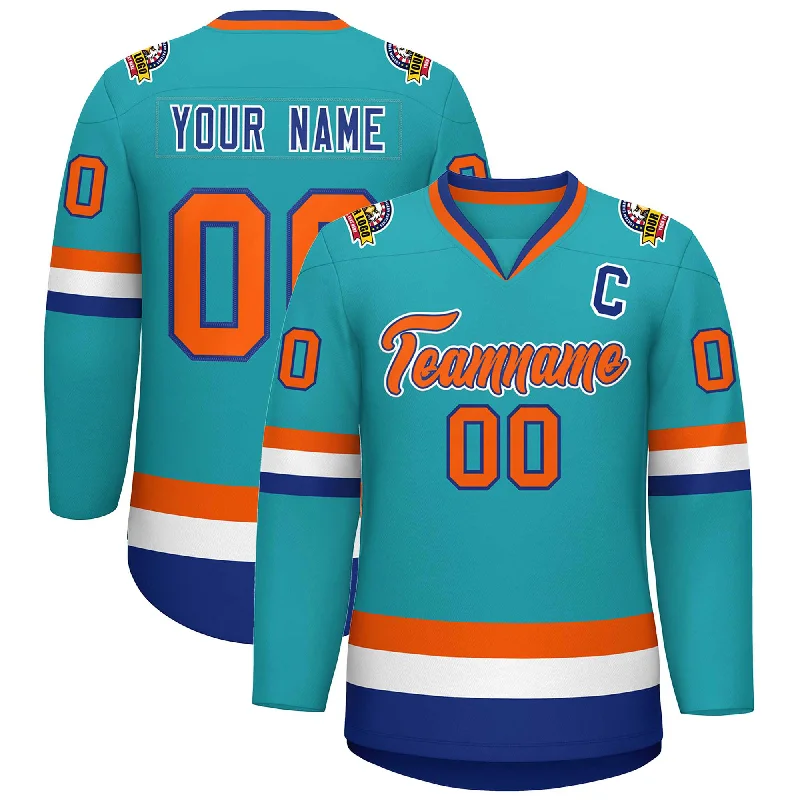 Custom Aqua Orange Royal-White Classic Style Hockey Jersey