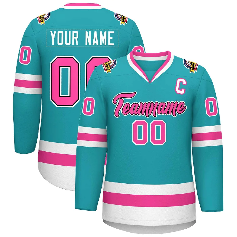 Custom Aqua Pink Navy-White Classic Style Hockey Jersey