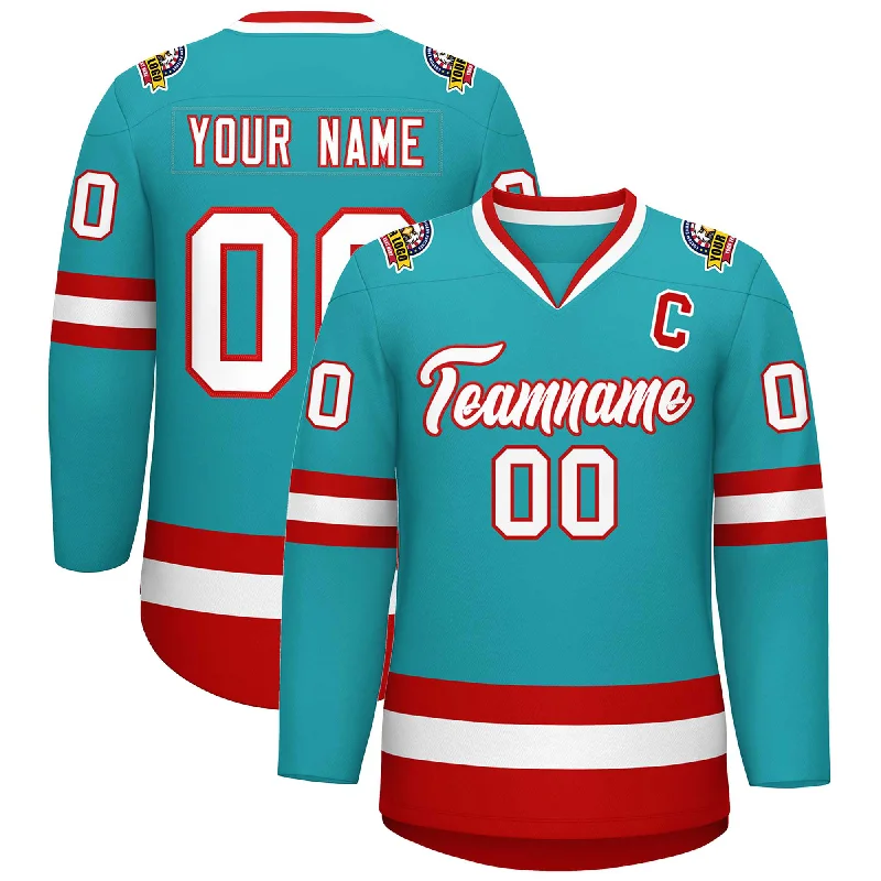 Custom Aqua White-Red Classic Style Hockey Jersey