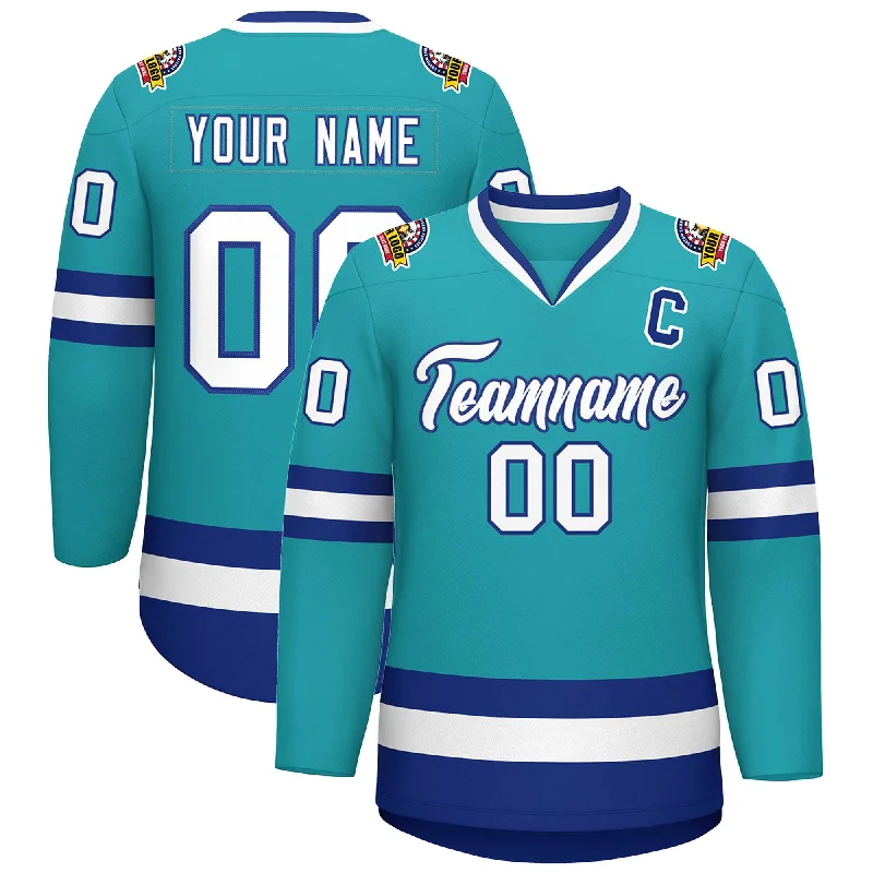 Custom Aqua White-Royal Classic Style Hockey Jersey