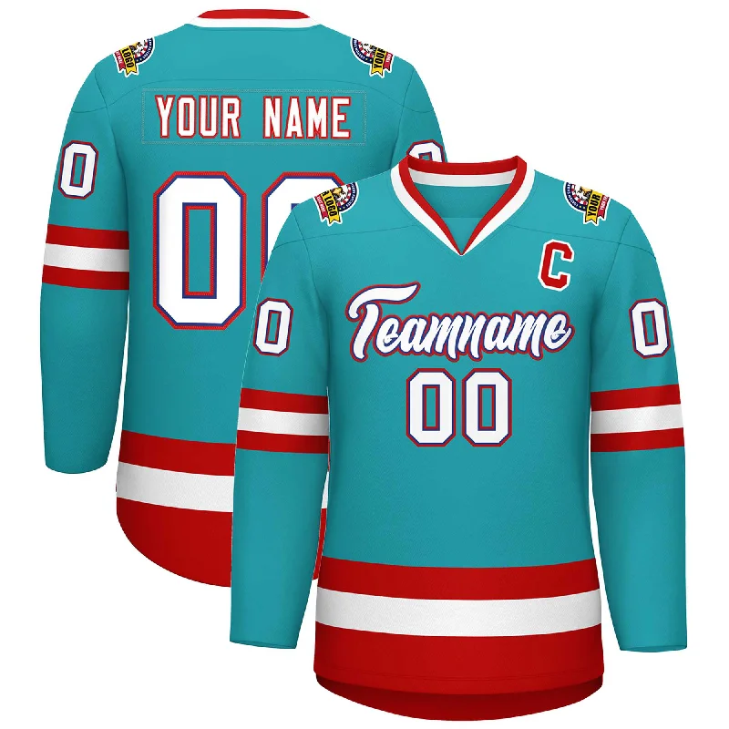 Custom Aqua White Royal-Red Classic Style Hockey Jersey