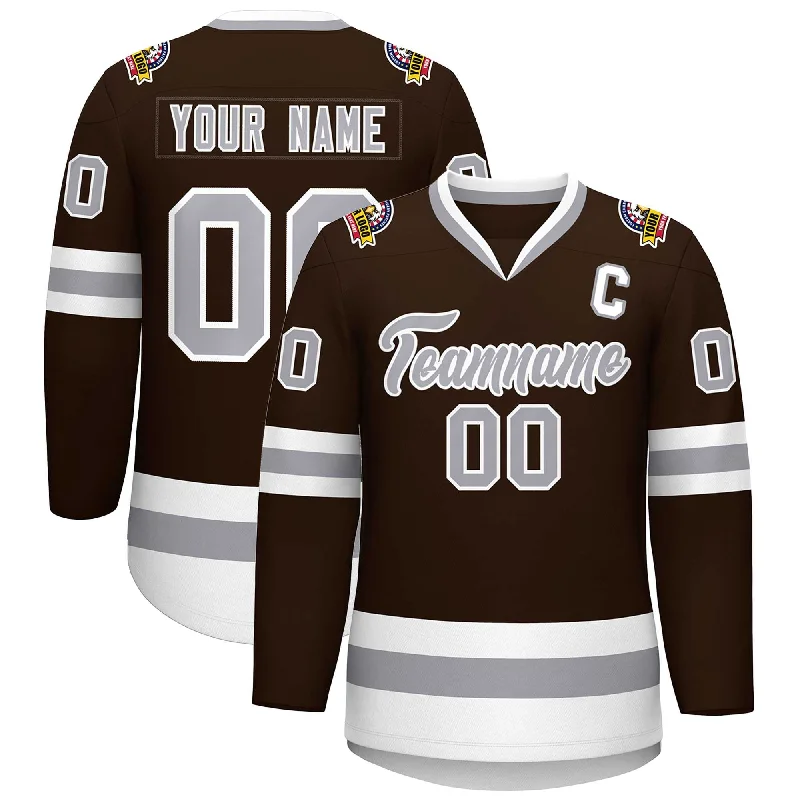 Custom Brown Gray-White Classic Style Hockey Jersey