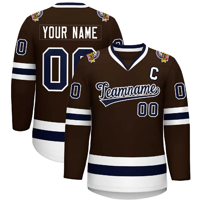 Custom Brown Navy-White Classic Style Hockey Jersey