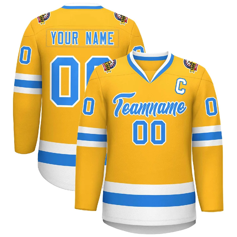 Custom Gold Powder Blue-White Classic Style Hockey Jersey