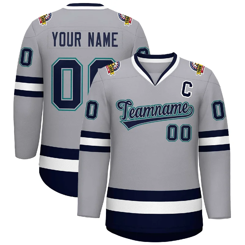 Custom Gray Navy Gray-Aqua Classic Style Hockey Jersey