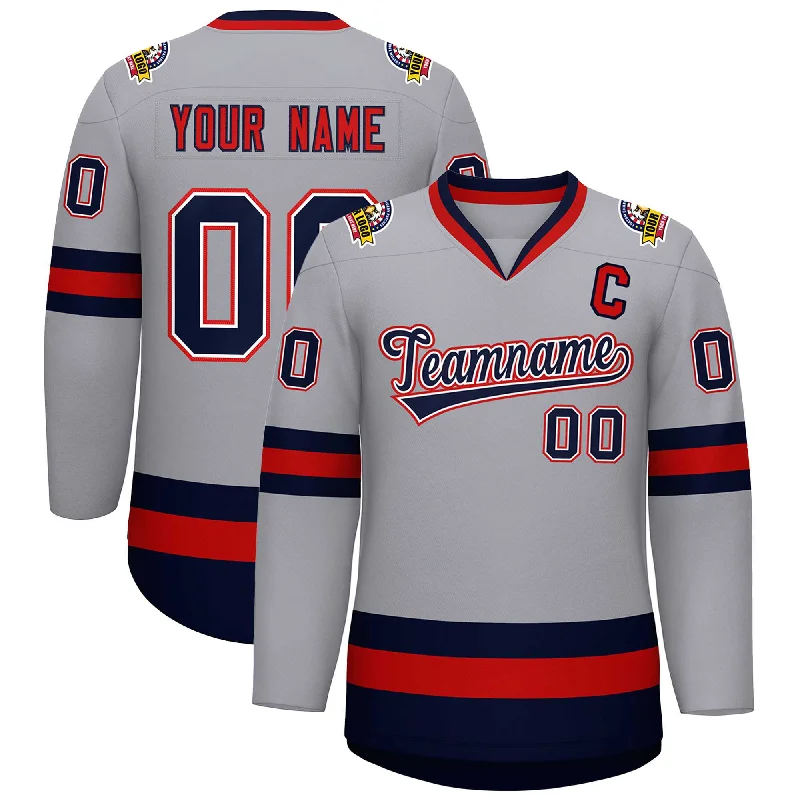 Custom Gray Navy White-Red Classic Style Hockey Jersey