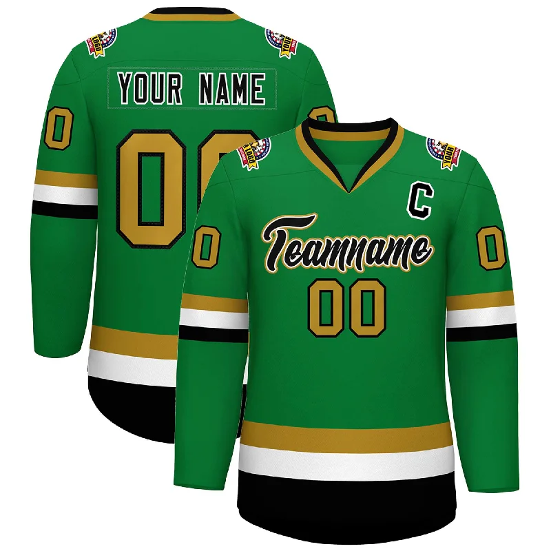 Custom Kelly Green Black White-Old Gold Classic Style Hockey Jersey