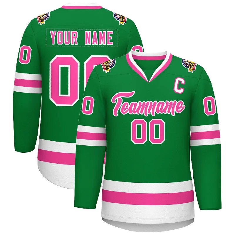 Custom Kelly Green Pink-White Classic Style Hockey Jersey