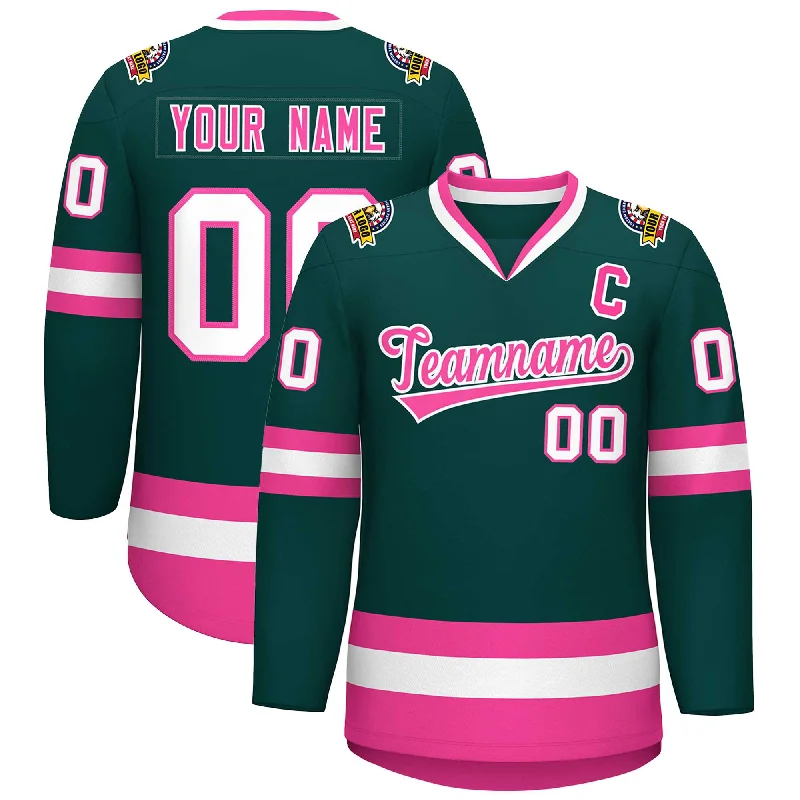 Custom Midnight Green Pink-White Classic Style Hockey Jersey