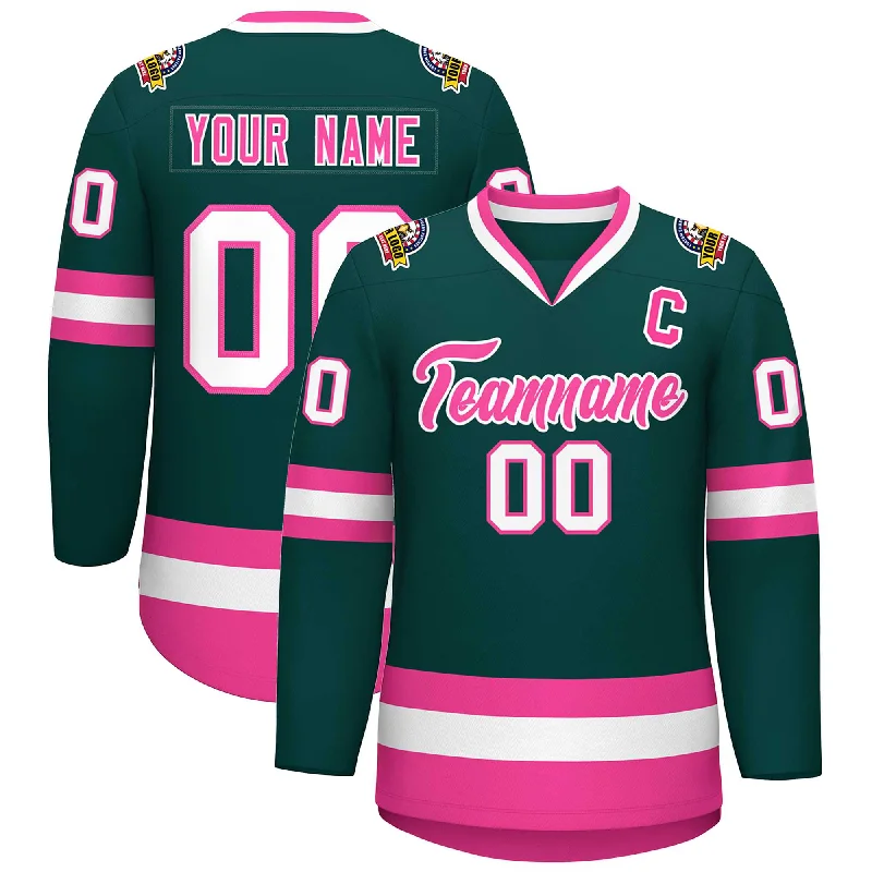 Custom Midnight Green Pink-White Classic Style Hockey Jersey