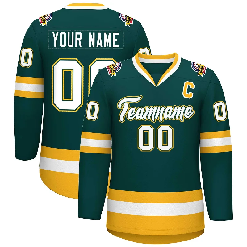 Custom Midnight Green White Olive-Gold Classic Style Hockey Jersey