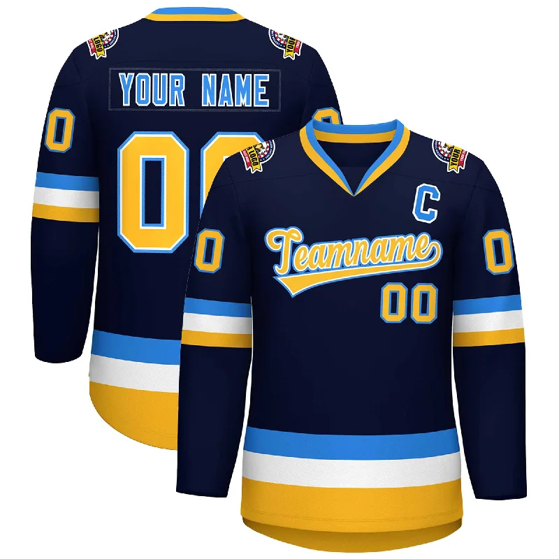 Custom Navy Gold White-Powder Blue Classic Style Hockey Jersey