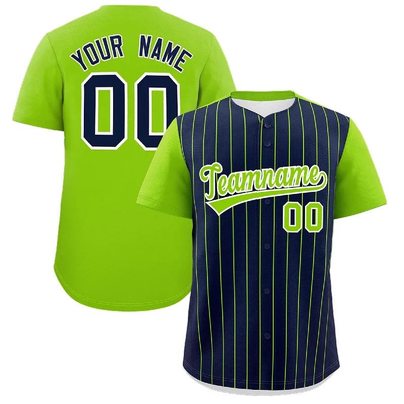 Custom Navy Neon Green Pinstripe Personalized Two-Tone Authentic Baseball Jersey