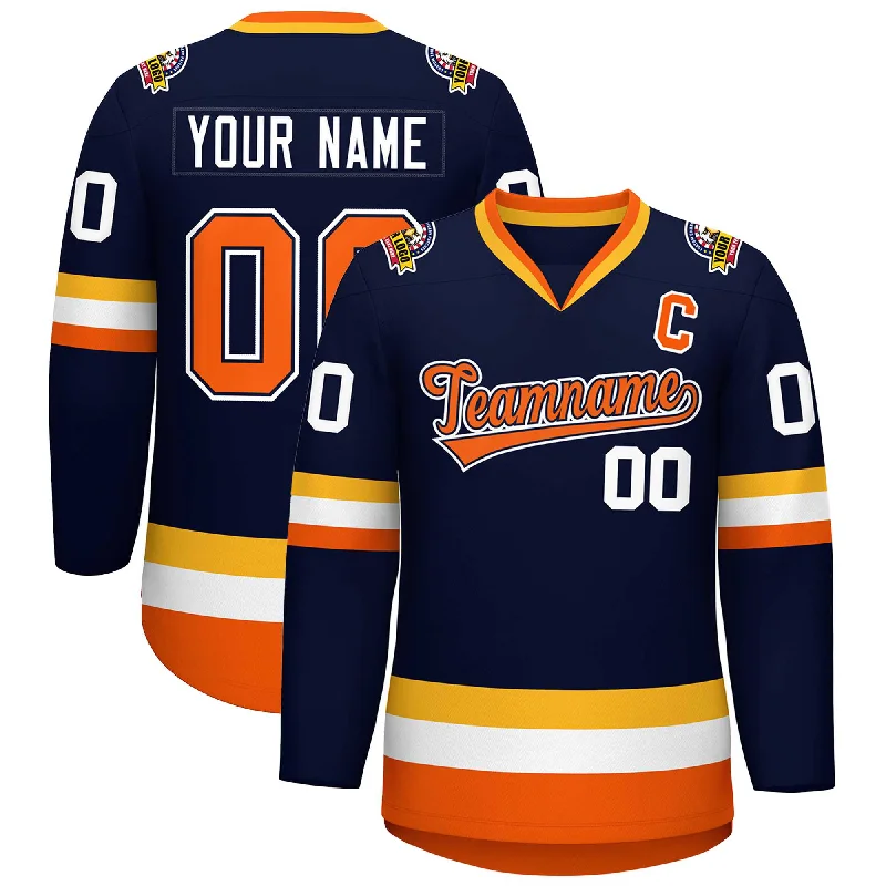 Custom Navy Orange Navy-White Classic Style Hockey Jersey