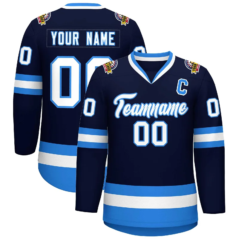 Custom Navy White-Powder Blue Classic Style Hockey Jersey