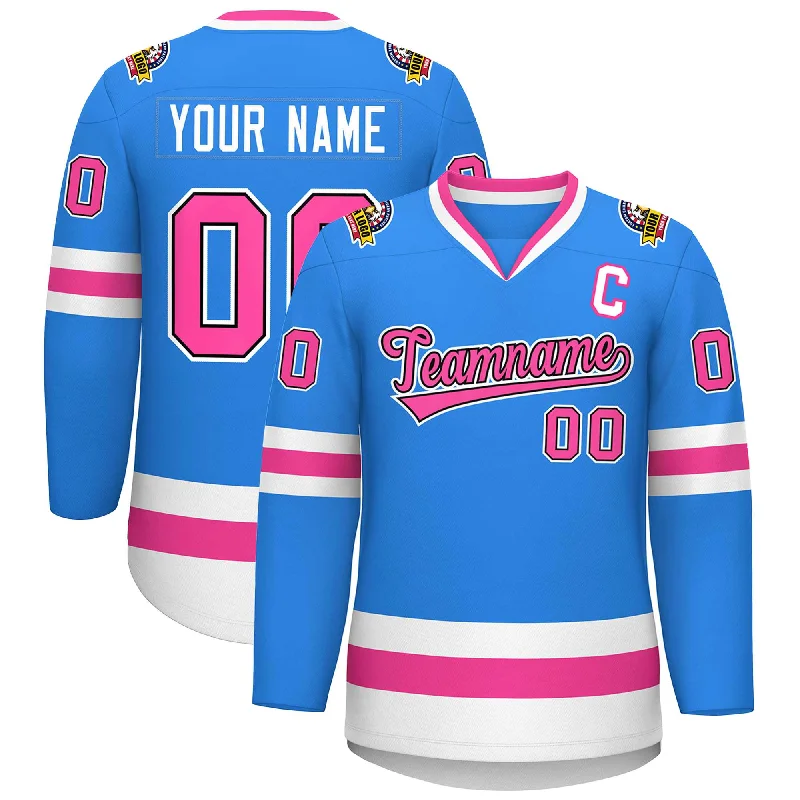 Custom Powder Blue Pink Black-White Classic Style Hockey Jersey