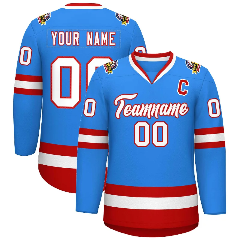 Custom Powder Blue White-Red Classic Style Hockey Jersey