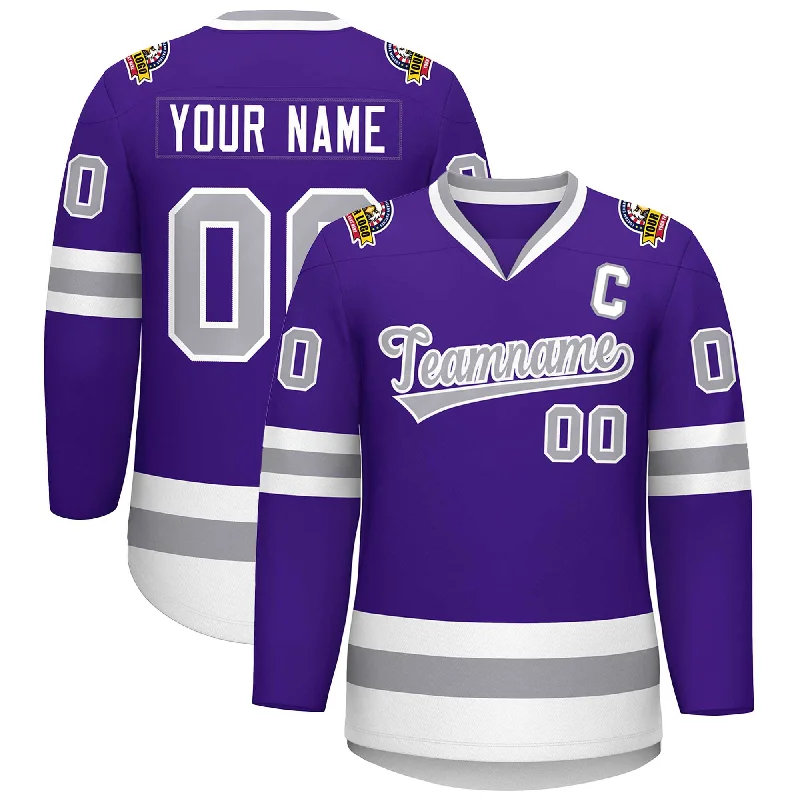 Custom Purple Gray-White Classic Style Hockey Jersey